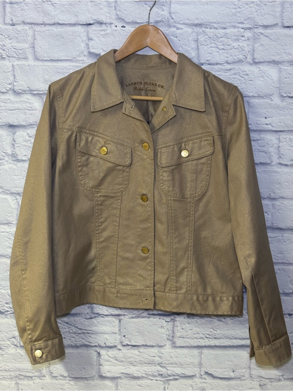 Lauren Jeans Co Ralph Lauren Women's Demin Gold Metallic Button Up Jacket Sz L